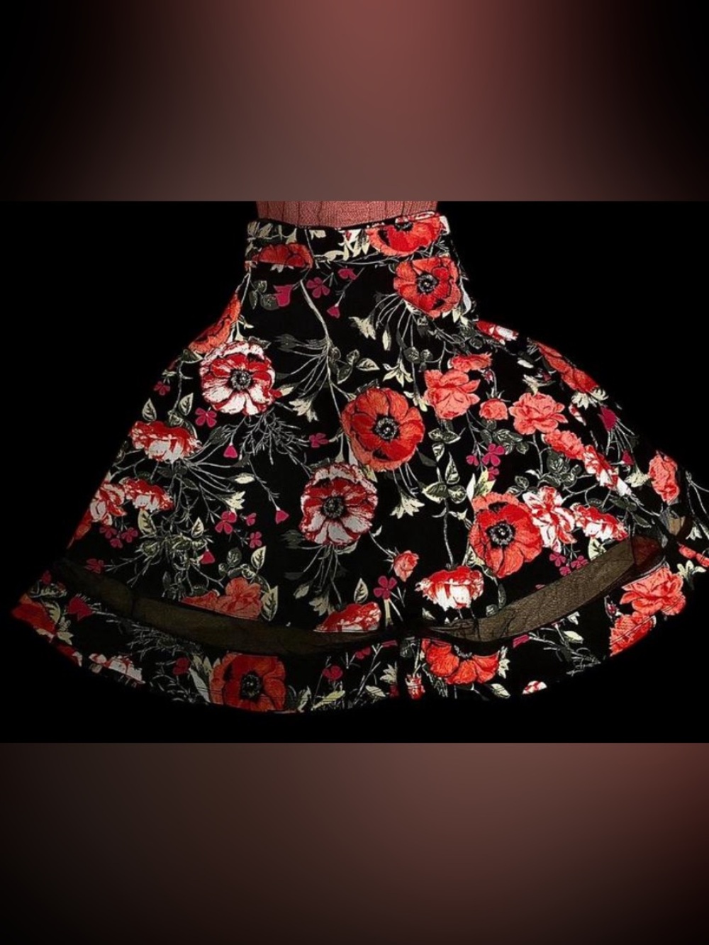 Beautiful  Black Floral A-Line Skirt with Red & White Flowers